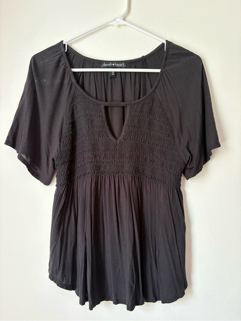 Derek Heart Black Smocked Keyhole Short Sleeve Top